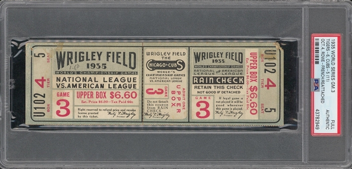 1935 Chicago Cubs vs Detroit Tigers World Series Game 3 Full Reattached Ticket (PSA)